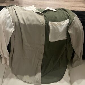 Evolutionary green and cream button up blouse